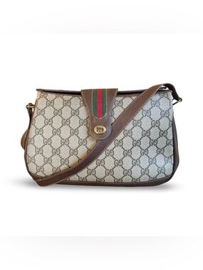 Gucci Beige GG Supreme Canvas Crossbody with Brown Leather and Green-Red Web